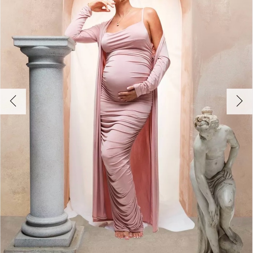 Boohoo maternity strappy cowl neck dress and duster coat
